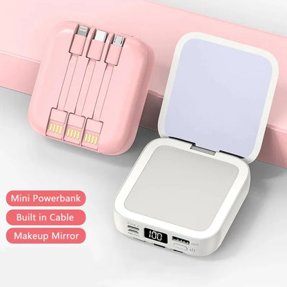 New Mini power bank 20000mAh with makeup mirror, fast charging, portable charger, power bank with cable, mobile phone power bank