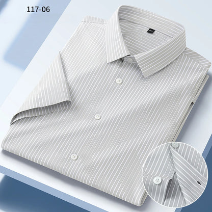 New in shirt summer short sleeve shirts for men slim fit formal plain shirt soft office striped top wrinkle free elastic clothes