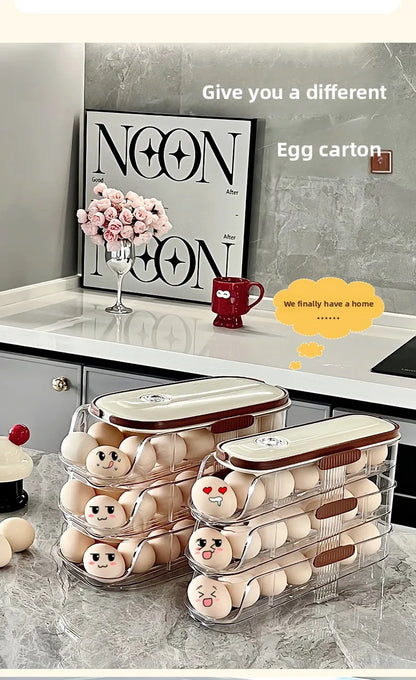 Smart Egg Storage Box - Slide-Out Drawer & Gravity Roller Design with Hidden Handle, Stackable Fridge Organizer for Side Door