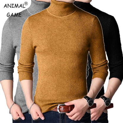Streetwear Autumn Men's Long Sleeved Turtleneck Sweater Stripes Knitted Oversized Sweaters Homme Solid Color Basic Sweater Men