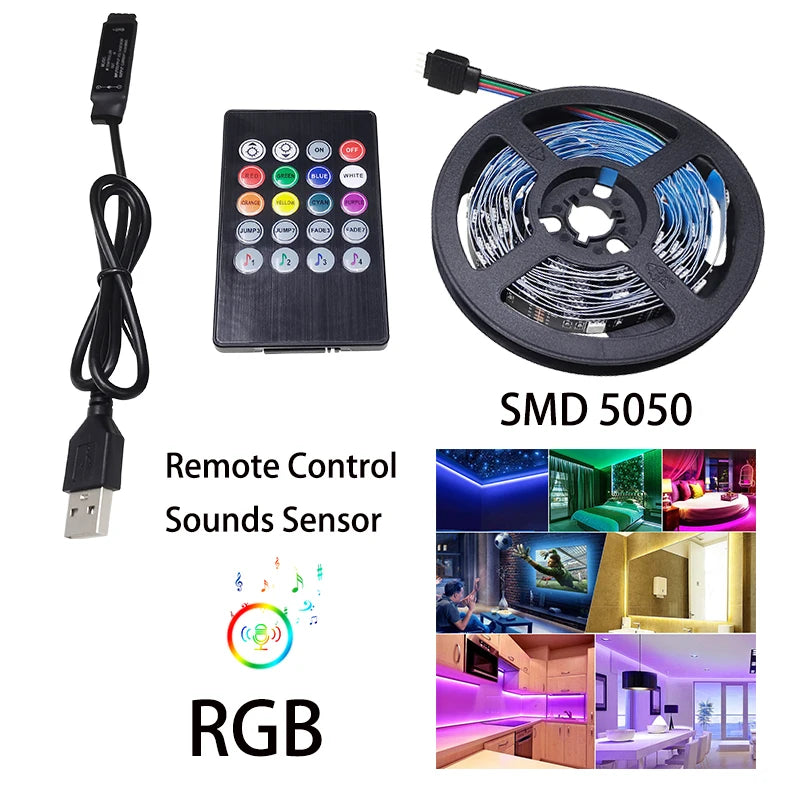 LED Strip Light 2835 5050 USB Bluetooth Flexible Lamp Tape 3key Sound Sensor RGB Ribbon 1M 2M 3M 4M DC5V Decoration TV BackLight