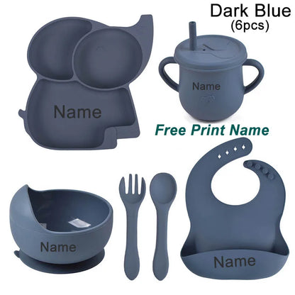 Silicone Baby Feeding Set Soft Silicone Sucker Plate Bowl Elephant Plate Personalized Name Feeding Bib Apron Children's Dishes