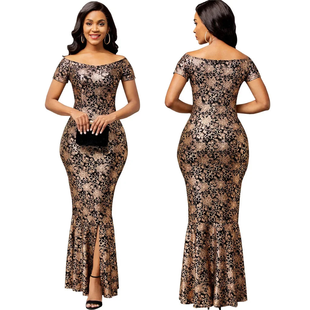 Maxi Dresses Elegant Flower Party Dress Off the Shoulder Short Sleeve Slit Maxi Long Dresses for Women