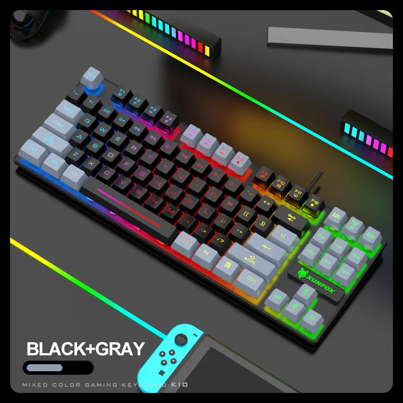 Keyboard 87 Keys 80% Layout Spanish Russian Korean Arabic Gaming Keyboard USB Wired RGB Light Float Keycap Ergonomics Design K10