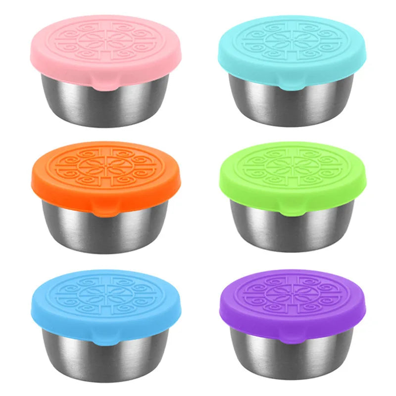 6 Pcs Set Leakproof Stainless Steel Dipping Sauce Cups Food Containers Reusable Salad Dressing Container Silicone Stretch Lids