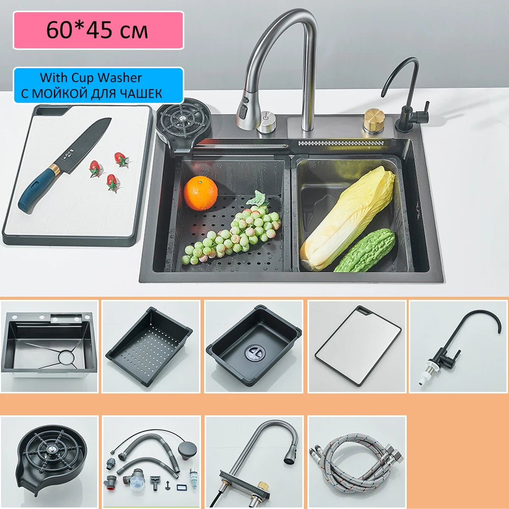 304 Stainless Steel Waterfall Kitchen Sink Large Single Slot Integrated Digital Display Faucet Set Soap Dispenser Cup Washer