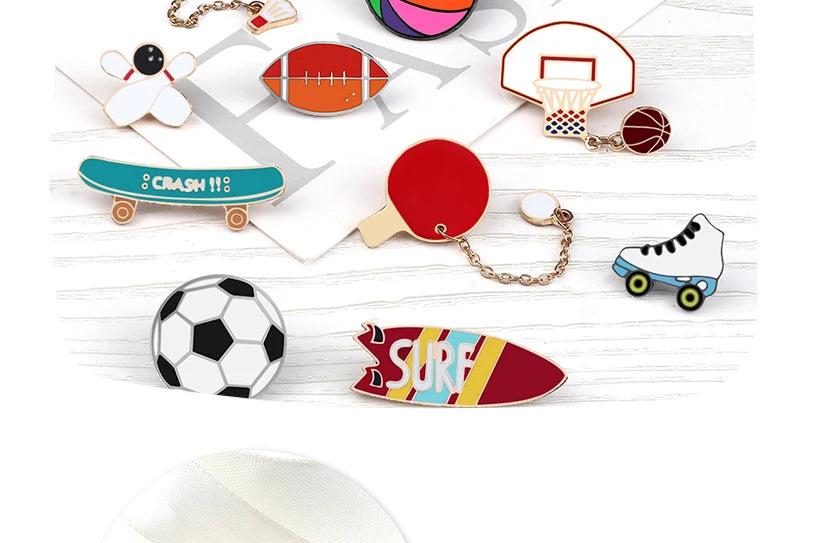 All Love Sports!Healthy Lifestyle Enamel Pins Rugby Basketball Soccer Bowling Brooches Roller Skates Badge Shirt Hat Bag Jewelry