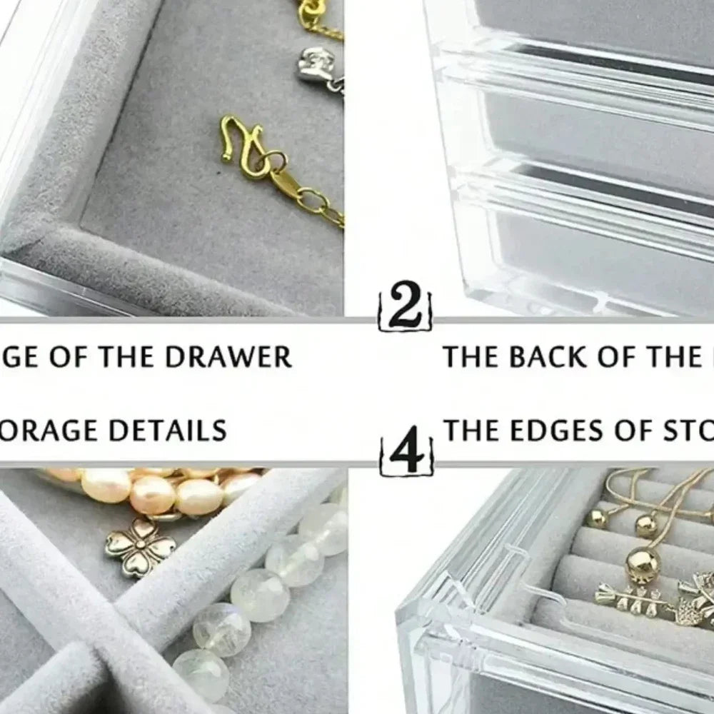 Organizer Box  Acrylic Velvet Jewelry Organizer with 3 Drawers Stackable Display Storage Earrings Necklace Bracelets Box Holder