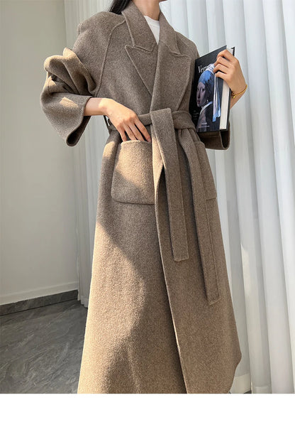 Office Lady Woolen Jackets 2024 Autumn And Winter Bathrobe Style Pocket Double-Sided Loose Lace -Up Tie Women's Long Wool Coats