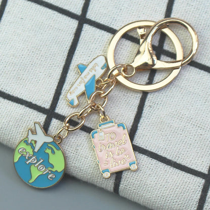 'To travel is to live' Trip Keychain Enamel Airplane Earth 'No Matter Where' Key Chain Trend Pendant Handmade Key Ring Jewelry ﻿