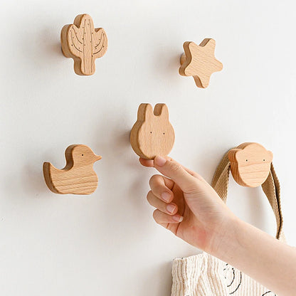 1PCS Solid Wood Hooks Cute Room Decor Animal Hook Wall Hanging Key Coat Hook Home Decoration Hanger Bathroom Kitchen Accessories