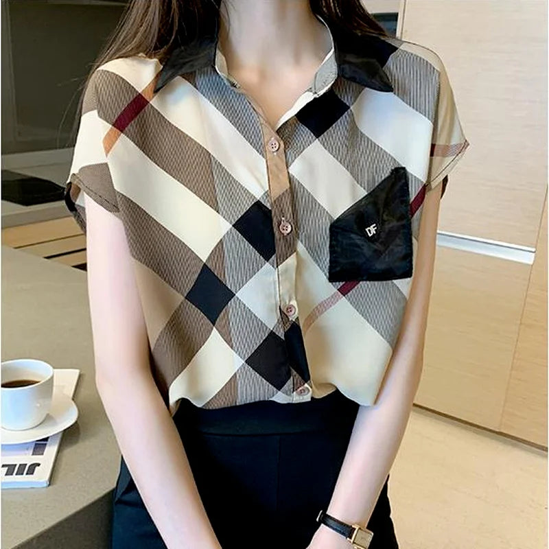 Office Wear Short Sleeve Chiffon Casual Pretty and Cheap Women's Blouses Korean Plaid Youth Woman Buttoned Shirts Trends Top Hot