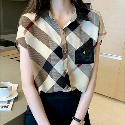 Office Wear Short Sleeve Chiffon Casual Pretty and Cheap Women's Blouses Korean Plaid Youth Woman Buttoned Shirts Trends Top Hot