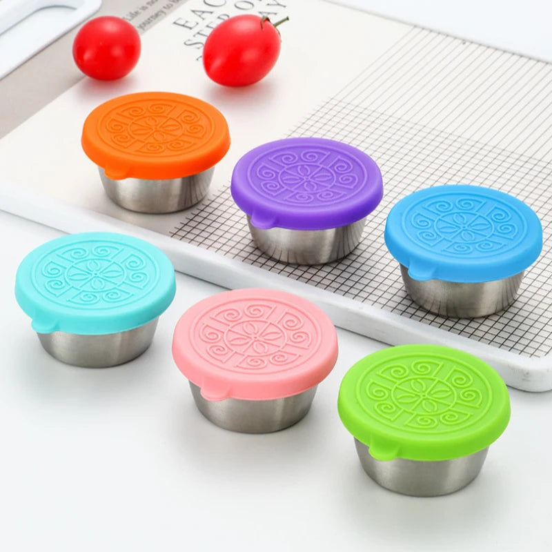 6 Pcs Set Leakproof Stainless Steel Dipping Sauce Cups Food Containers Reusable Salad Dressing Container Silicone Stretch Lids
