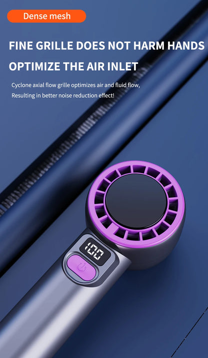 Digital display handheld fan with outdoor portability, USB rechargeable, featuring strong wind power, extended battery life.