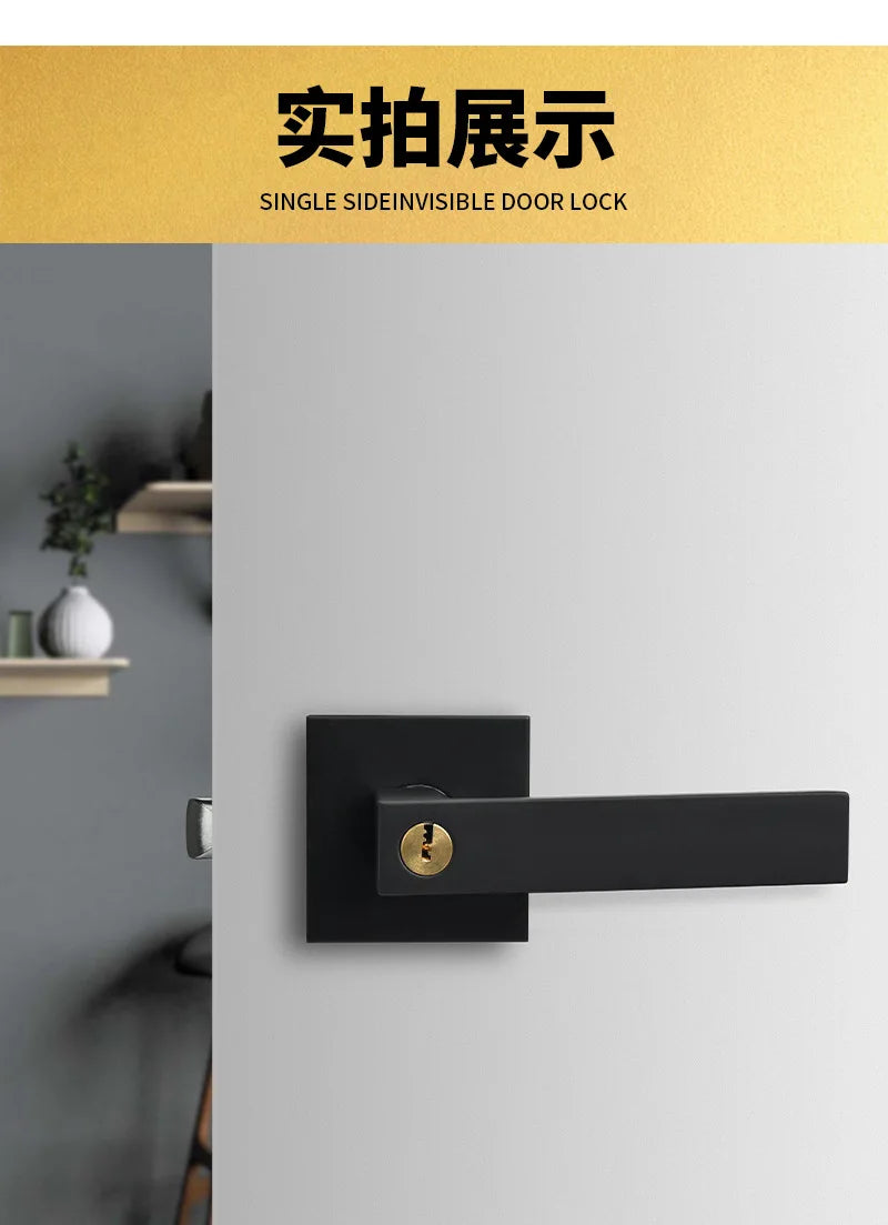 Indoor Door Lock, Aluminum Alloy Handle  Adjustable Room Wooden Door Handle Square Minimalist American Heavy-duty Three Bar Lock