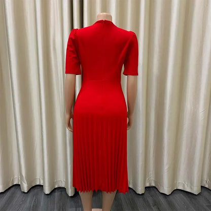 Elegant Office Dresses Pleated Woman 2025 New O Neck Short Sleeve Mid Calf Formal Business Work Wear Dress Midi Vestidos Mujer