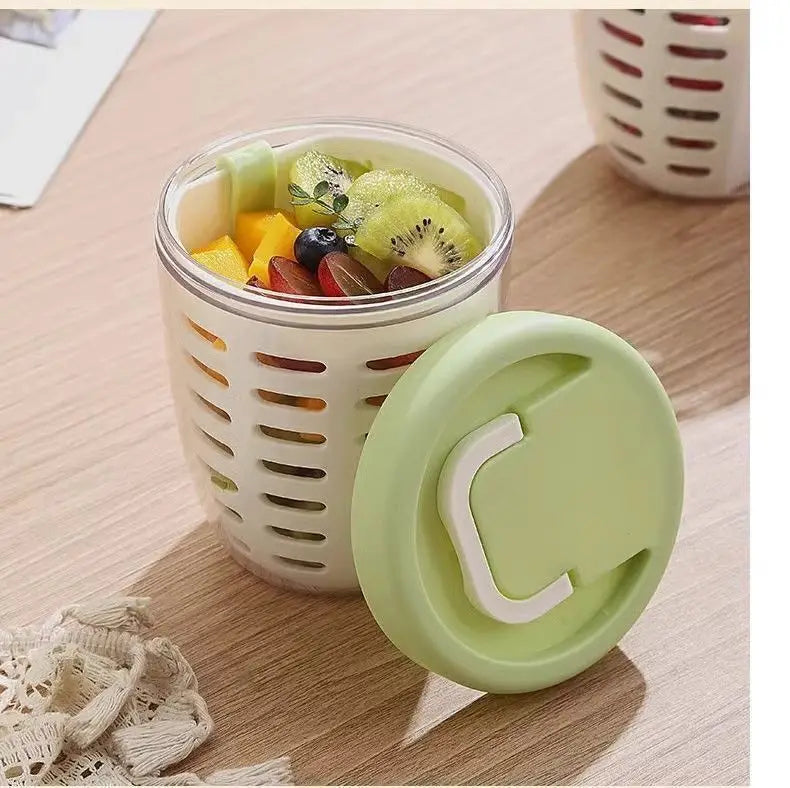 Salad Cup With Fork Cylindrical Plastic Fruit Cup Multifunctional Drainage Function Salad Container, Portable Lunch Box