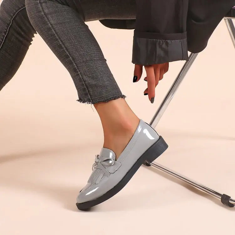 Womens Shoes Patent Leather Women Loafers British Tassel Casual Female Flat Shoes Bowknot Comfortable Small Leather Shoes
