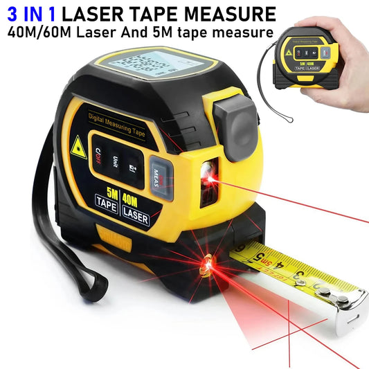 Laser Tape Measure Meter Building Measurement Device 3in1 Laser Rangefinder 5M Tape 60M Laser Measure with LCD Digital display