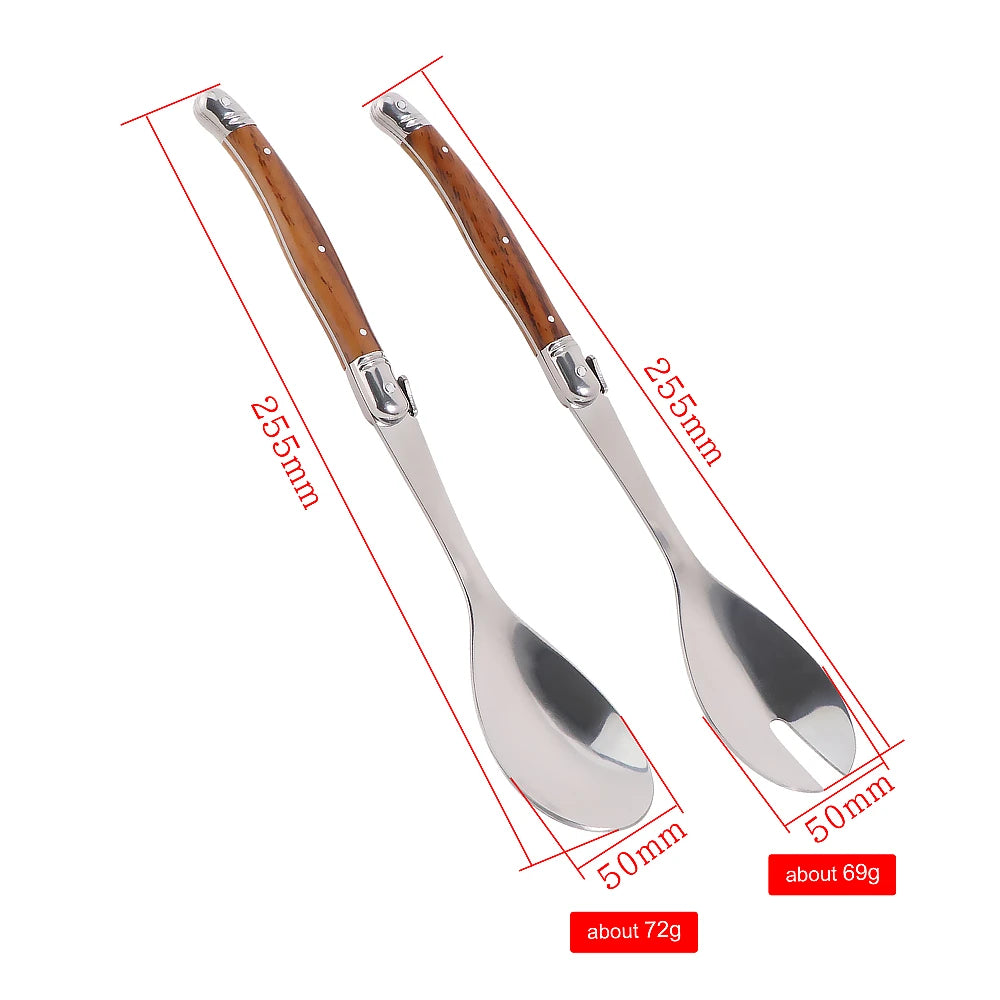 2pc/Set Stainless Steel Salad Spoons Laguiole Style Salad Stirring Spoon Slotted Spoon Wood Grain Plastic Salad Serving Utensils