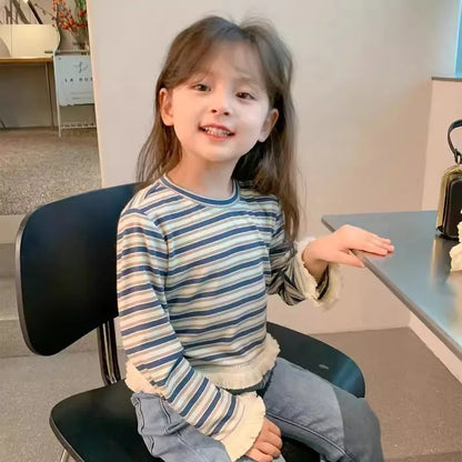 Children's T-Shirts Children's Striped Long-sleeved Baby Girls T-shirt Tassel Cuff Crew Neck Top Girl Clothes