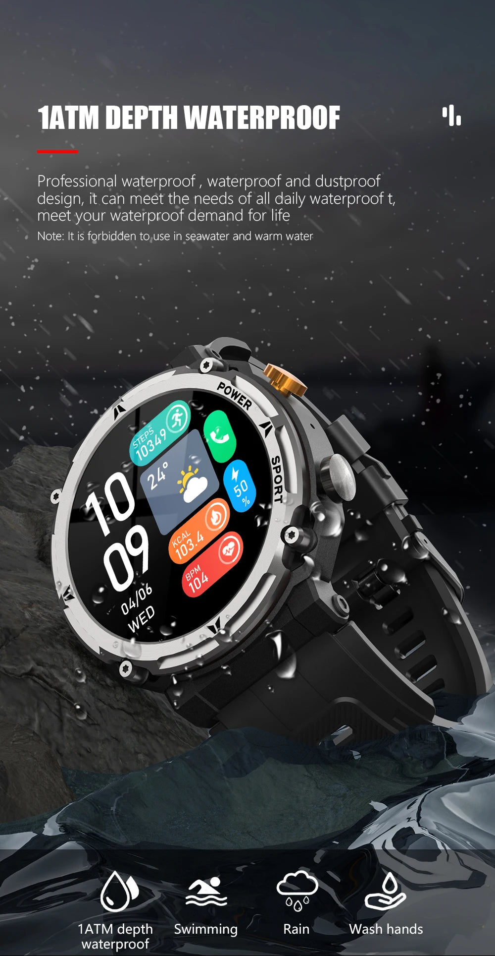 Outdoor Sports Smartwatch Men Fitness Tracker Wireless Call 410mAh Long Standby Time Waterproof Voice Assistant Swimming Watch