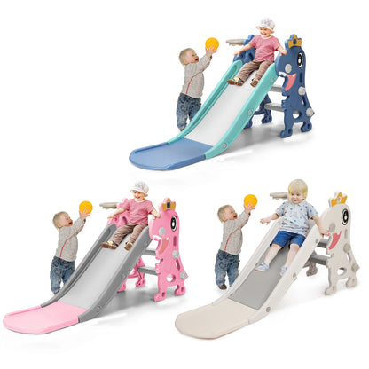 3 in 1Toddlers Slide Board Indoor Children Slide Kids Slide Dinosaur Shape Non Slip Stairs with Basketball Hoop Climber