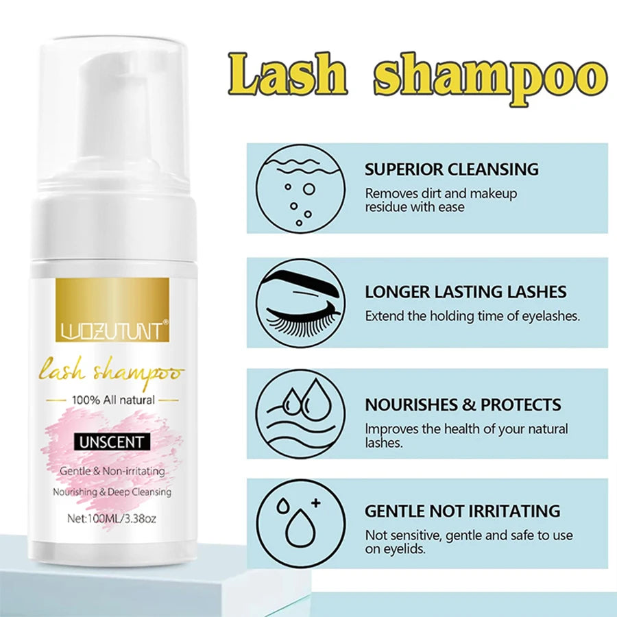 Lash Extension Shampoo 100ml Women Foam Mousse Eyelash Rinse Bottle Lashes Shampoo and Makeup Remover Pads with Brush 7pcs/Set