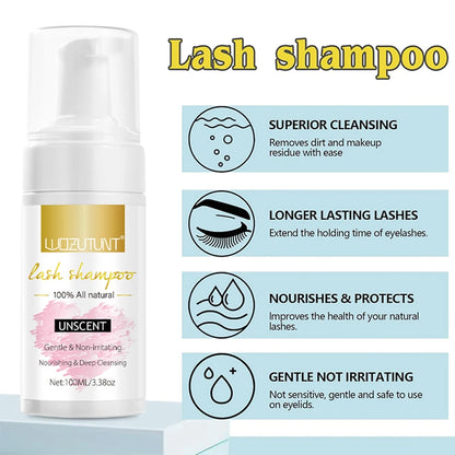 Lash Extension Shampoo 100ml Women Foam Mousse Eyelash Rinse Bottle Lashes Shampoo and Makeup Remover Pads with Brush 7pcs/Set