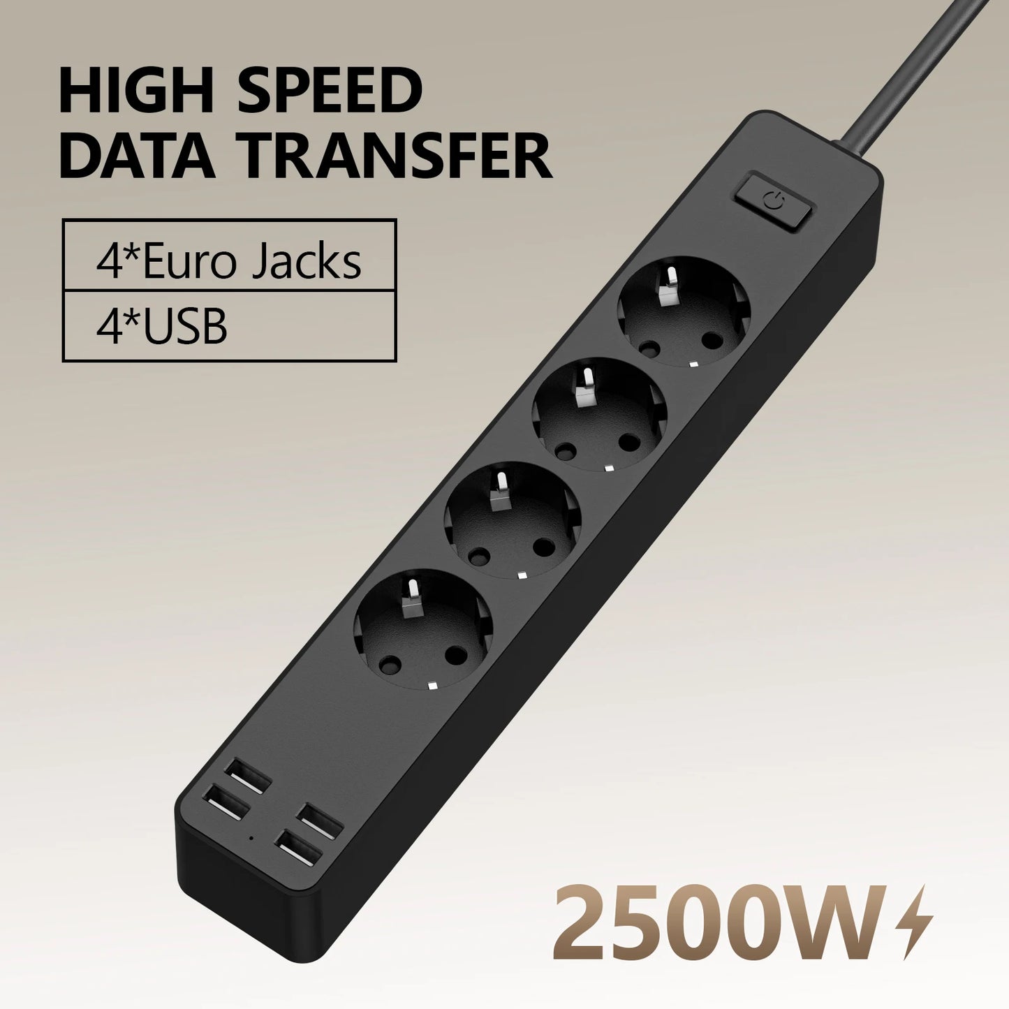 EU Electrical Socket With Safety Switch Power Strip 1.5M Extension Cable Overload Protection USB A Port Charging  On Home  2500W