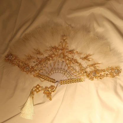 Feather Fan Lolita Dance Cheongsam Catwalk Show Folding Fan Retro Nostalgic Hanfu Fairy Lace Fan