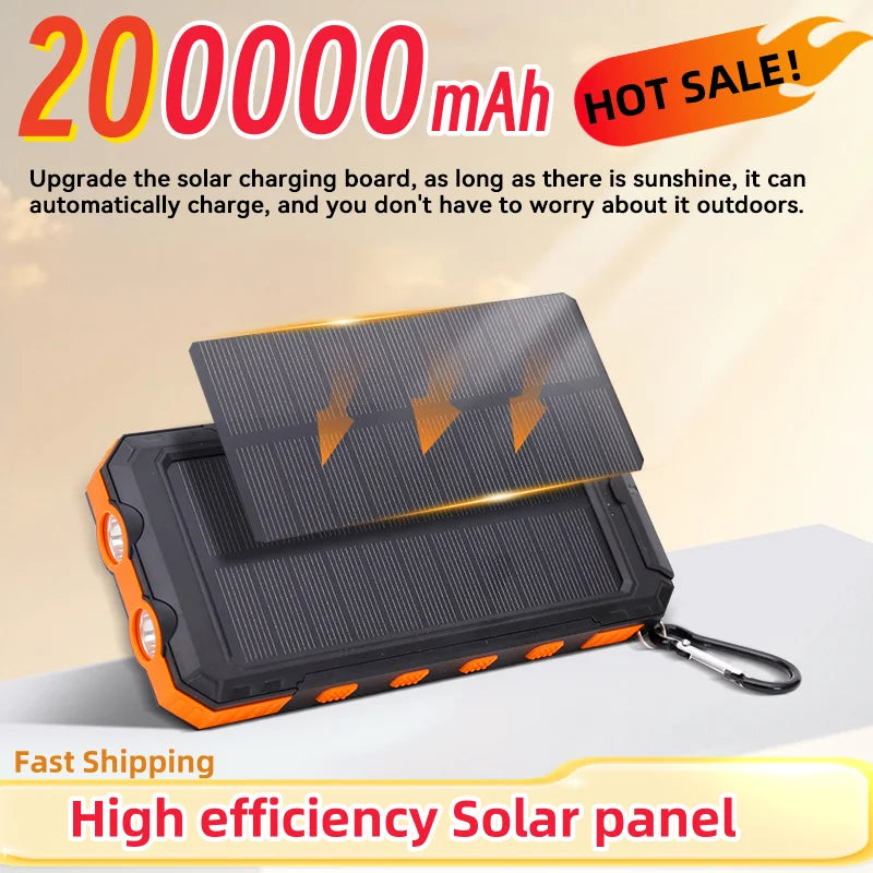 200000mAh Solar Power Bank  Fast Charging Portable Large Capacity Charger Compatible For IOS Android USB-A and USB-C