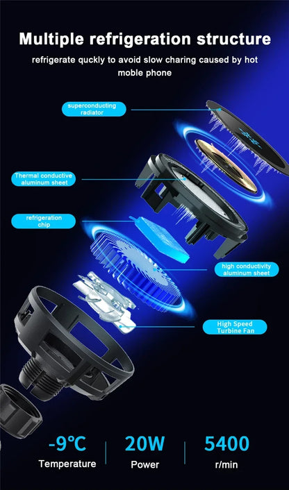 Car Wireless Charger Cooling Magnetic Car Phone Holder Mount Fast Car Charging Stand for Macsafe iPhone 15 14 13 12 Pro Max Mini