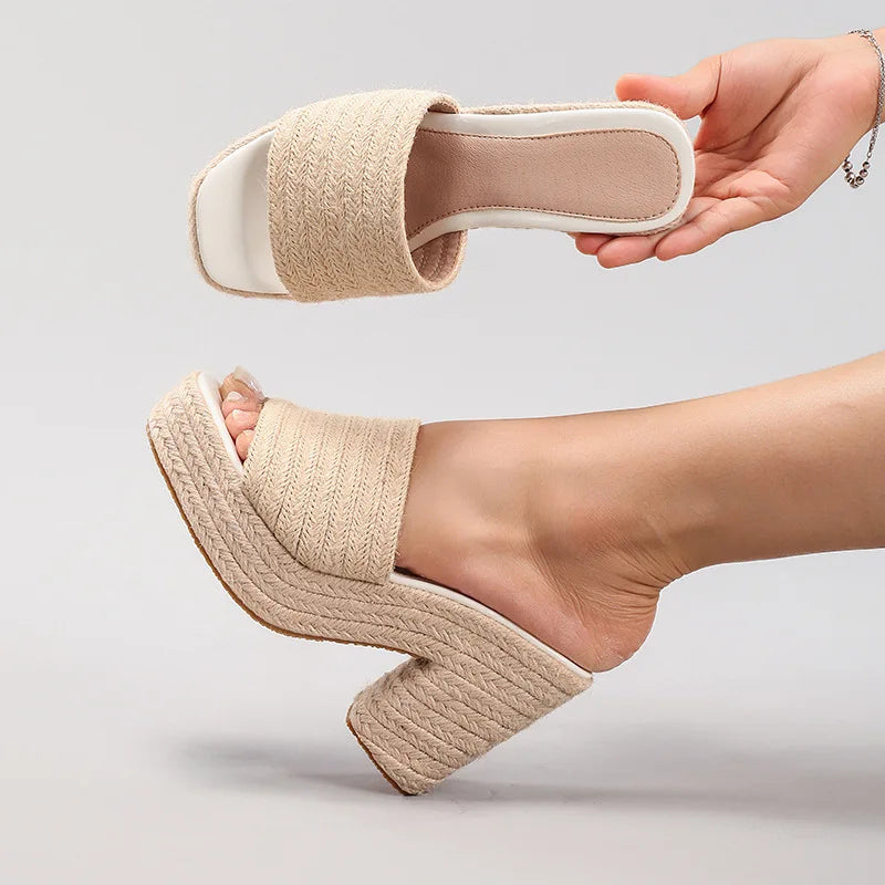 Women's hemp rope platform sandals braided grass summer waterproof high heels European and American style