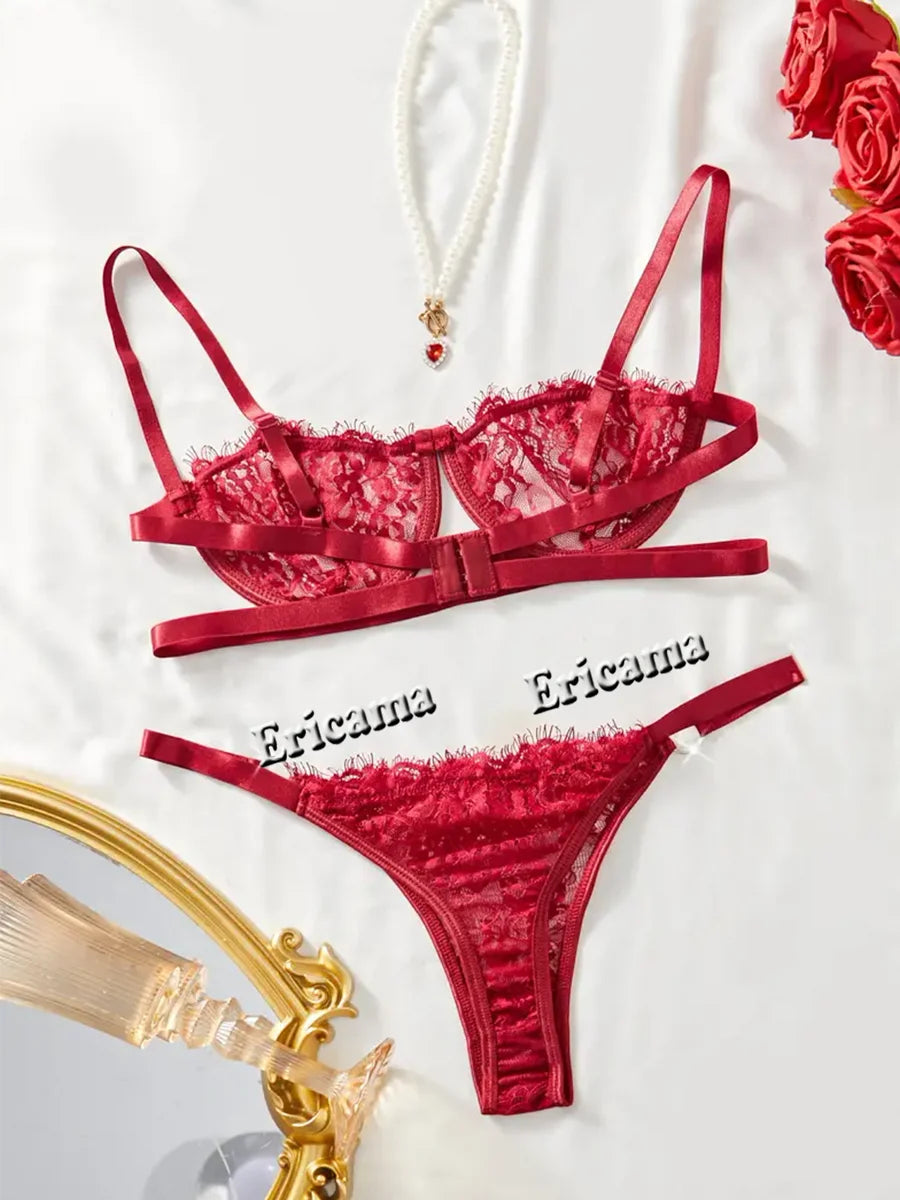 Floral Embroidery Semi Sheer Sexy Lingerie Set Erotic Lingerie Set , Intimates Bra & Thong, Women's Sexy Lingerie & Underwear