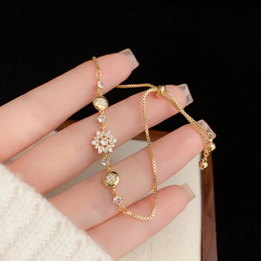 Fashion Jewelry Accessories Korean Zircon Flower Design Pulling Bracelet Women Exquisite New Stainless Steel Cuff Bracelet Gift