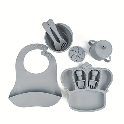11pcs Silicone Baby Feeding Set: 1 Bowl, 1 Bib, 5-grid Plate, 2 Spoons & 2 Forks (Long & Short), 1 Cup with 2 Lids and 1 Straw
