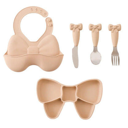 5Pc-Set Baby Cute Silicone Dining Plate Spoon Set for Baby Feeding Bow Bibs Straws Pad Fork Spoon Maternal Infant Supplies Gifts