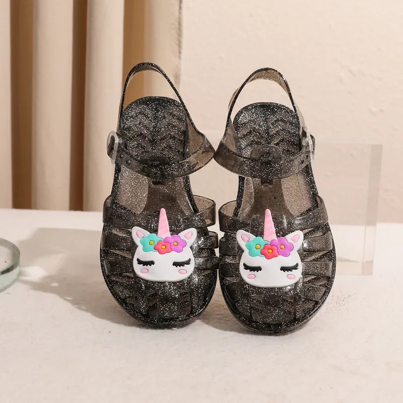 New Child Sandal Cute Girl Boy Beach Cave Shoe Transparent Glitter Jelly Crystal Kid Princes Shoe Breathable Roman Beach Sandal