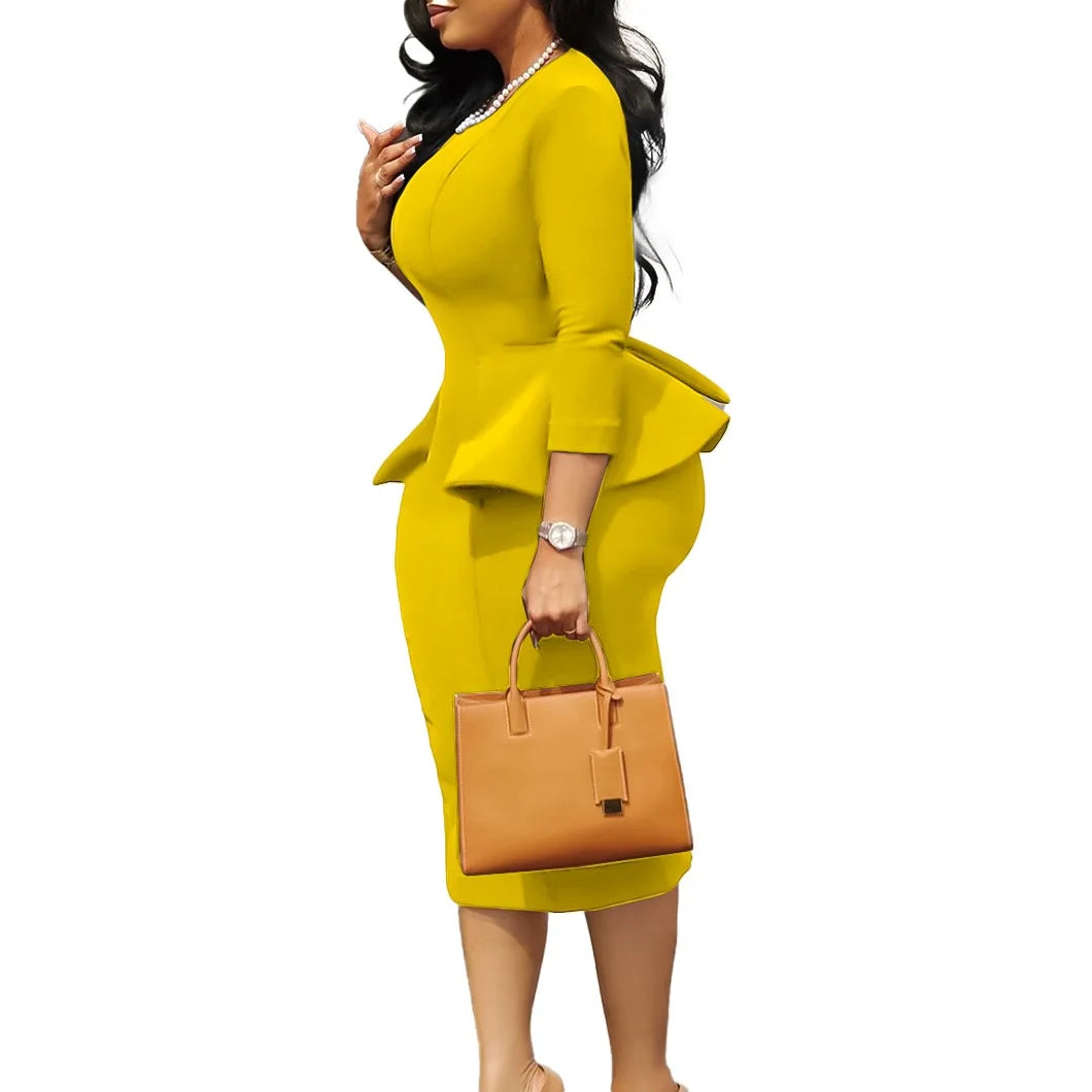 Elegant Office Dresses for Woman O Neck Full Sleeve Sheath Ruffles Package Hips Mid Calf Professional Business Work Dress Midi