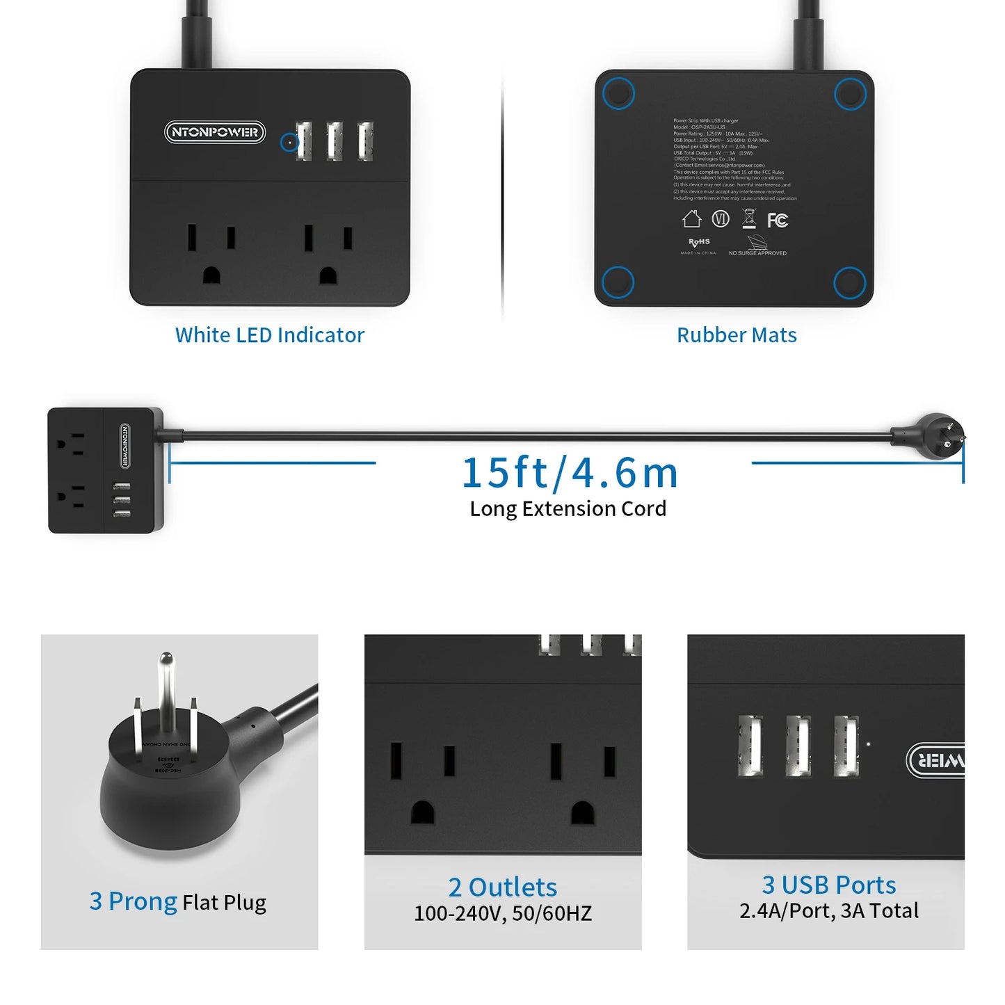 Power Strip US Plug 2 Outlets With 3USB Ports 15FT Extra-long Extension Cord（1.5/3/4.6 Meter）Smart USB Charger for Travel/Home