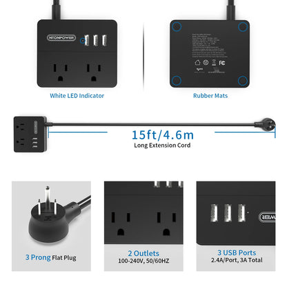 Power Strip US Plug 2 Outlets With 3USB Ports 15FT Extra-long Extension Cord（1.5/3/4.6 Meter）Smart USB Charger for Travel/Home