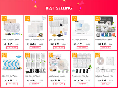 Cat Water Fountain Filter Pet Fountain Replacement Filters with Coconut Activated Carbon Suitable for 2L Water Dispenser