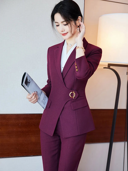 Office Ladies Pant Suit Women Black Blue Wine Female Business Work Wear Jacket Blazer and Trouser Formal 2 Piece Set