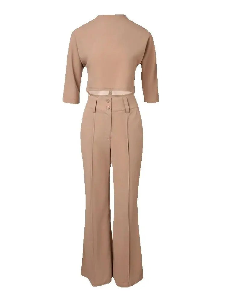 Elegant 2-Piece Women's Office Outfit Set with Mock Neck Crop Top And Buttoned Pants with Pocket Lady Work Wear matching Sets