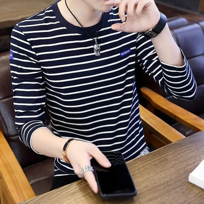 T Shirts for Men Stripe Tops Red Cotton Male Clothes Round Neck Harajuku Fashion Sale High Brand Regular Fit It Full Sleeve Tee