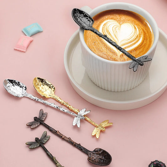 Retro Dessert Spoon Dragonfly Twig Decorative Stirring Spoon Alloy Leaf Spoon Lightweight Portable Coffee Tea Spoon Kitchen Tool