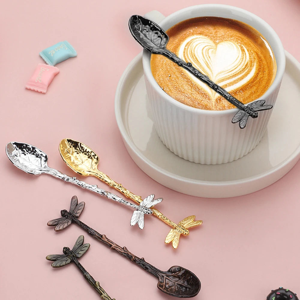 New Retro Coffee Spoon Dragonfly Twig Decorative Stirring Spoon Alloy Leaf Spoon Forest Style Portable Dessert Spoon Tea Spoon