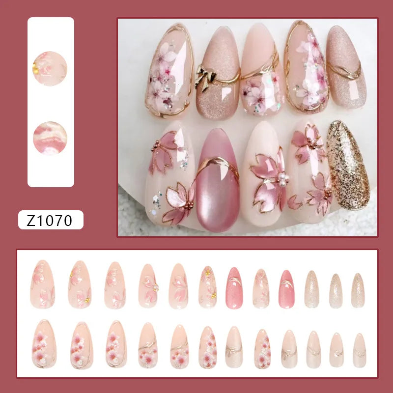 24pcs White Flower Fake Nail Tips Ins Yellow Pink Blush False Nails Wearable Full Cover European Almond Shaped Press on Nails